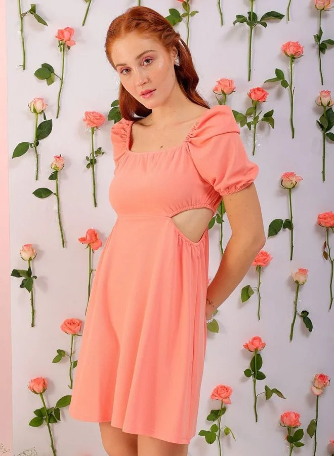 Freehand  Women Fit and Flared Solid Square Neck Short Sleeve Cut Out Dress for Women | Best Price UAE