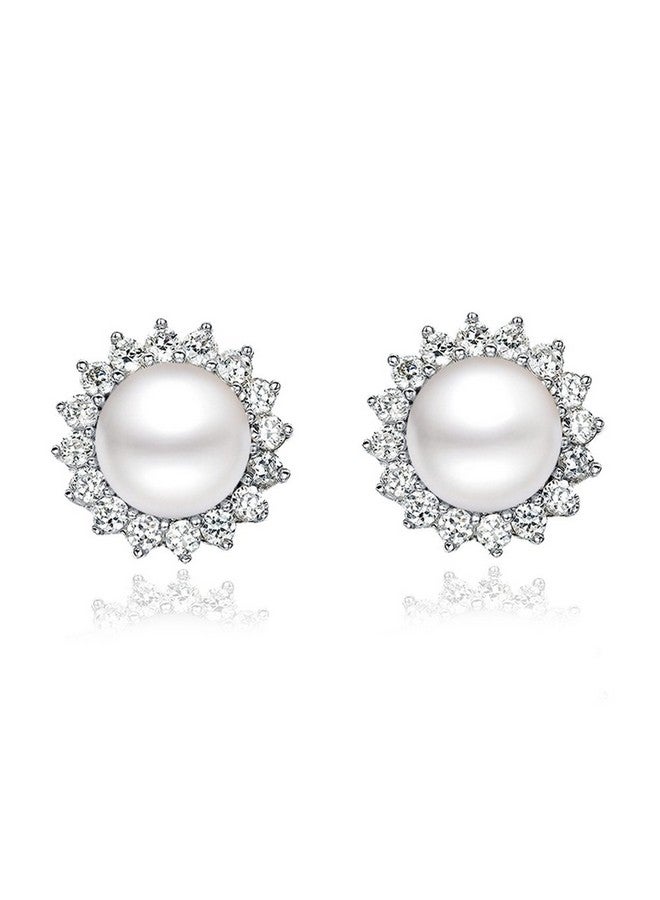 KEETEEN Sunshine 925 Sterling Silver Pearl Earrings Stud Aaa Zirconia 9Mm Freshwater Pearl Jewelry For Women (Earrings) - Image 1