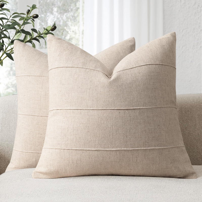 ZWJD Decorative Linen Throw Pillow Covers 24x24 Set of 2 Solid handcrafted Striped Cushion Covers for Bed Soft Modern Farmhouse Neutral Pillowcase for Couch Bedroom Living Room Home Decor(Natural Beige) - Image 1