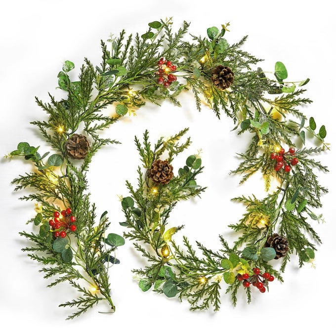 PRELIT CHRISTMAS GARLAND WITH LIGHTS 6 FEET 20 LED BATTERY OPERATED CHRISTMAS LIGHTS WITH PINE CONES BERRY EUCALYPTUS LEAVES INDOOR CHRISTMAS DECORATIONS FOR STAIRS FIREPLACE DOOR