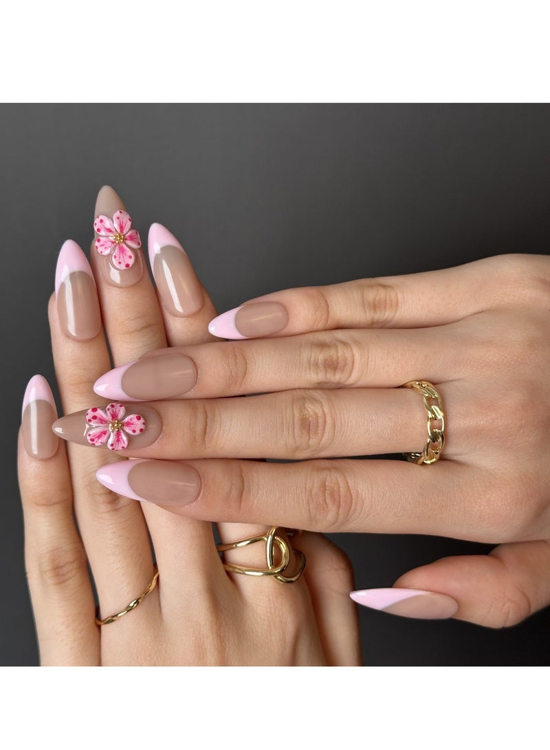 جوسكوين أظافر اصطناعية، أظافر مزيفة 10 قطع، أظافر مصنوعة يدويًا بالكامل مع مجموعة غراء، تصميم فرنسي أبيض مع وردة ثلاثية الأبعاد باللون الوردي، شكل لوزي، قابلة لإعادة الاستخدام للنساء. - Image 1