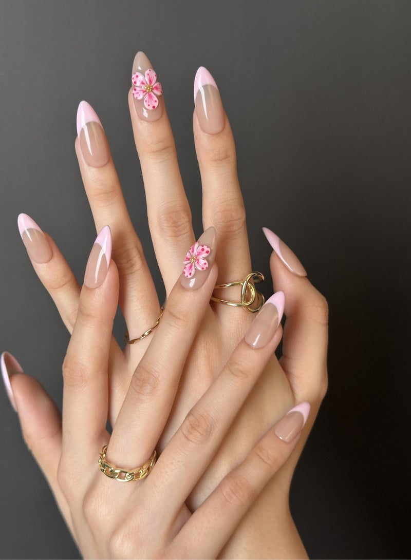 جوسكوين أظافر اصطناعية، أظافر مزيفة 10 قطع، أظافر مصنوعة يدويًا بالكامل مع مجموعة غراء، تصميم فرنسي أبيض مع وردة ثلاثية الأبعاد باللون الوردي، شكل لوزي، قابلة لإعادة الاستخدام للنساء. - Image 2