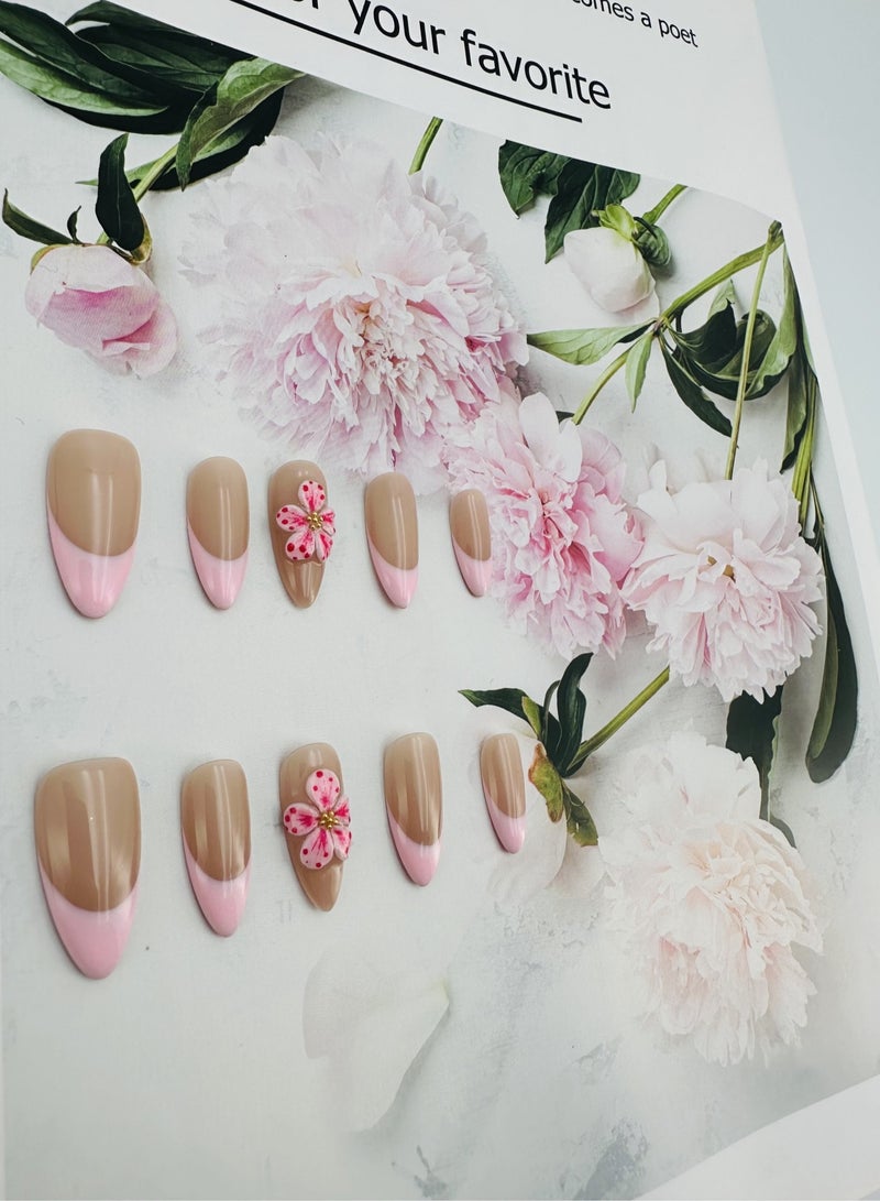 جوسكوين أظافر اصطناعية، أظافر مزيفة 10 قطع، أظافر مصنوعة يدويًا بالكامل مع مجموعة غراء، تصميم فرنسي أبيض مع وردة ثلاثية الأبعاد باللون الوردي، شكل لوزي، قابلة لإعادة الاستخدام للنساء. - Image 4