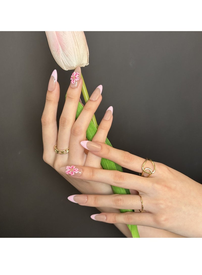 جوسكوين أظافر اصطناعية، أظافر مزيفة 10 قطع، أظافر مصنوعة يدويًا بالكامل مع مجموعة غراء، تصميم فرنسي أبيض مع وردة ثلاثية الأبعاد باللون الوردي، شكل لوزي، قابلة لإعادة الاستخدام للنساء. - Image 3