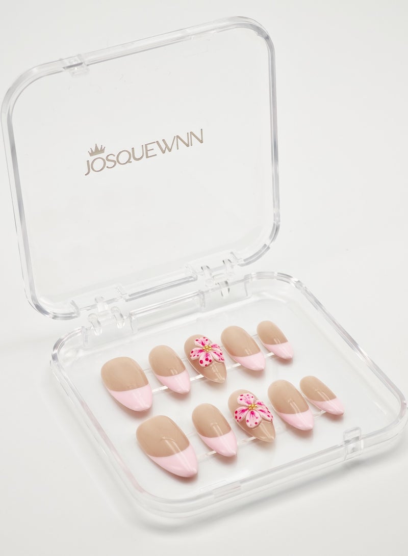 جوسكوين أظافر اصطناعية، أظافر مزيفة 10 قطع، أظافر مصنوعة يدويًا بالكامل مع مجموعة غراء، تصميم فرنسي أبيض مع وردة ثلاثية الأبعاد باللون الوردي، شكل لوزي، قابلة لإعادة الاستخدام للنساء. - Image 5