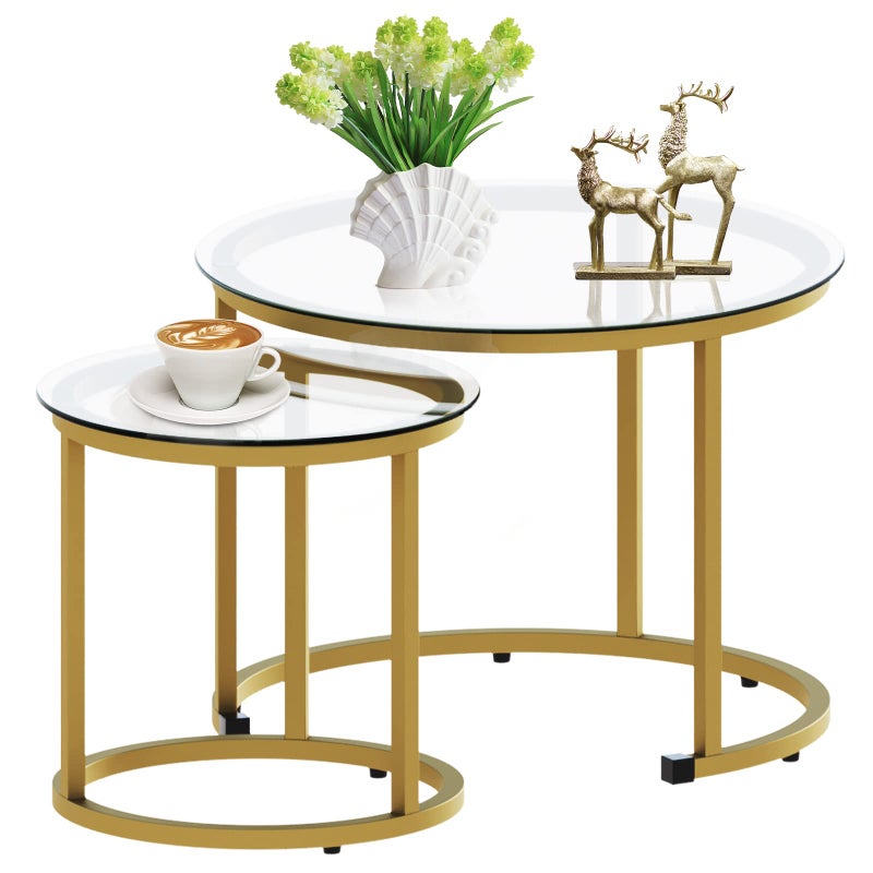 aboxoo Gold Nesting Coffee Table Set of 2, Small Glass Round Nesting Tables for Living Room Bedroom, Accent Tea Table with Metal Frame Modern Industrial Simple - Image 1