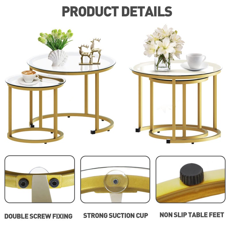 aboxoo Gold Nesting Coffee Table Set of 2, Small Glass Round Nesting Tables for Living Room Bedroom, Accent Tea Table with Metal Frame Modern Industrial Simple - Image 3
