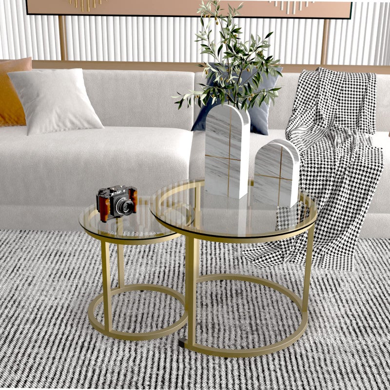 aboxoo Gold Nesting Coffee Table Set of 2, Small Glass Round Nesting Tables for Living Room Bedroom, Accent Tea Table with Metal Frame Modern Industrial Simple - Image 2