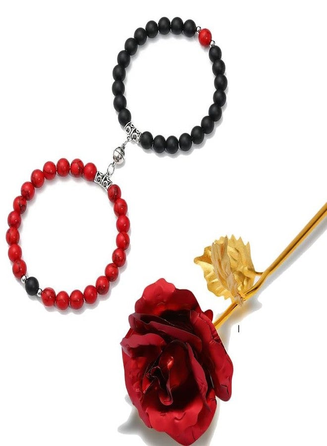 Thrillz Valentine Gift For Girlfriend Couple Bracelet For Men Women Beads Natural Stone Megnetic Heart Couple Bracelet Love Gifts With Golden Flower - Image 1
