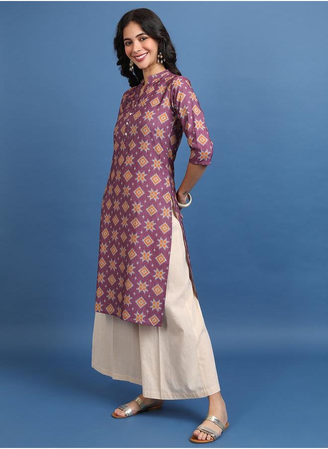 Vishudh - Burgundy Ethnic Motifs Printed Mandarin Collar Straight Kurta by Styli - Image 1