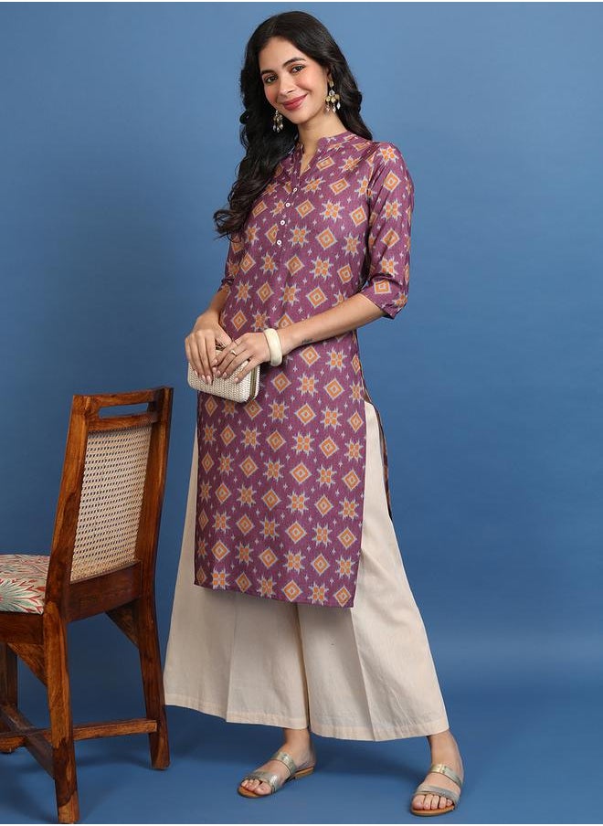 Vishudh - Burgundy Ethnic Motifs Printed Mandarin Collar Straight Kurta by Styli - Image 1