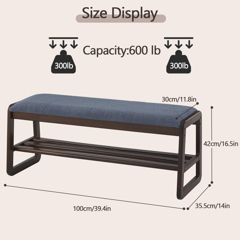 Achicsofar Shoe Rack Bench,2 Tier Solid Wooden Entryway Bench with Shoe Storage, Shoe Rack with Cushion for Living Room, Hallway(Grayish Blue, 39.4") - Image 2