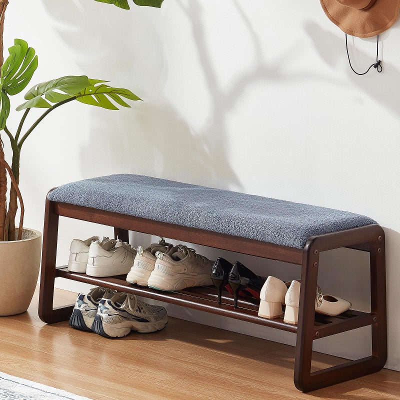 Achicsofar Shoe Rack Bench,2 Tier Solid Wooden Entryway Bench with Shoe Storage, Shoe Rack with Cushion for Living Room, Hallway(Grayish Blue, 39.4") - Image 1