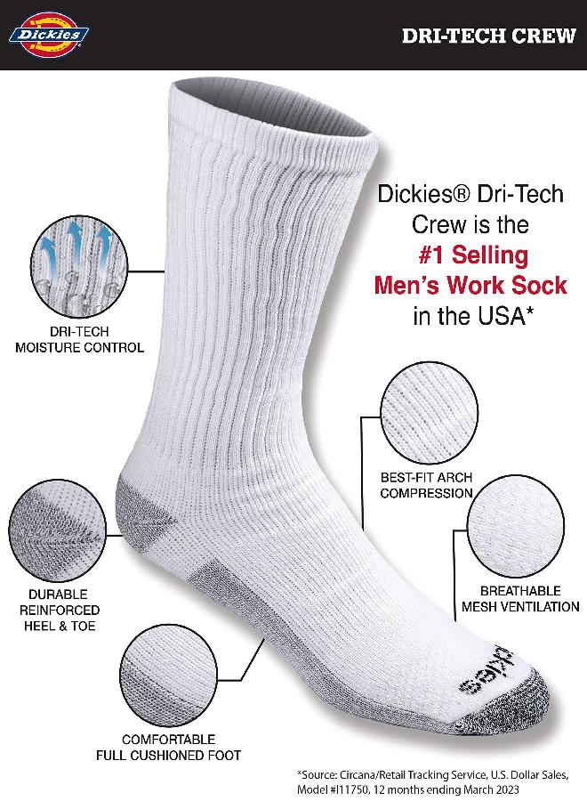 Dickies Dickies Men's Dri-tech Moisture Control Crew Socks Multipack, White (12 Pairs), Shoe Size: 6-12  - Image 2