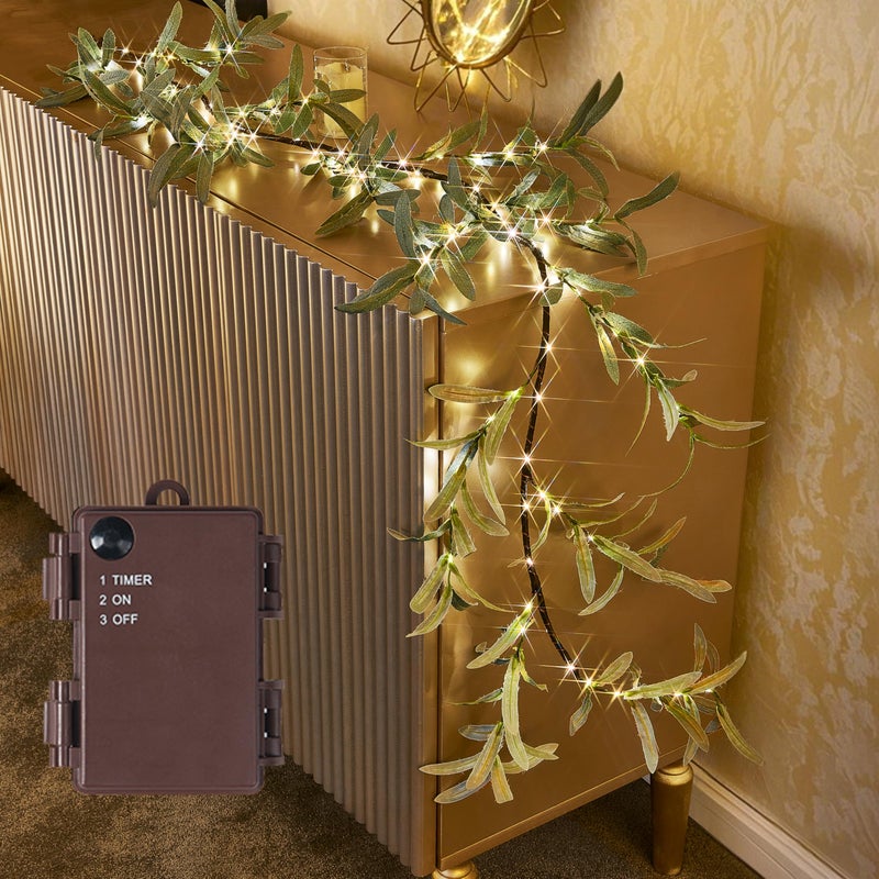 Birchlitland Birchlitland Lighted Olive Garland Battery Operated with Timer 6FT 96 LED Fairy Lights Faux Vine with Lights for Mantel Fireplace Wall Patio Wedding and Holiday Decor