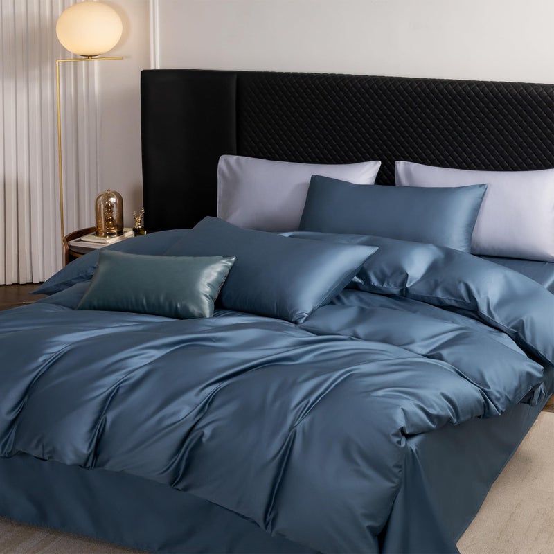 MooMee Queen Duvet Cover Set, 100% Extra Long Staple Cotton 600 Thread Count Sateen Silky Soft Breathable Durable Luxury Hotel Quality Bedding Set, 3 Pieces (Dark Blue, 90"x90") - Image 2