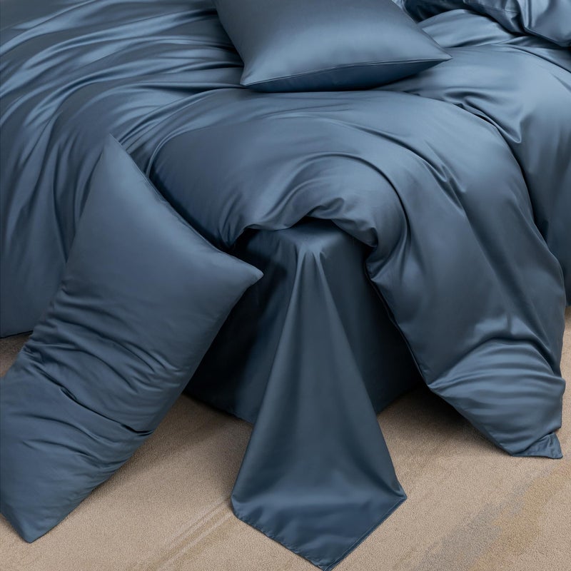 MooMee Queen Duvet Cover Set, 100% Extra Long Staple Cotton 600 Thread Count Sateen Silky Soft Breathable Durable Luxury Hotel Quality Bedding Set, 3 Pieces (Dark Blue, 90"x90") - Image 4