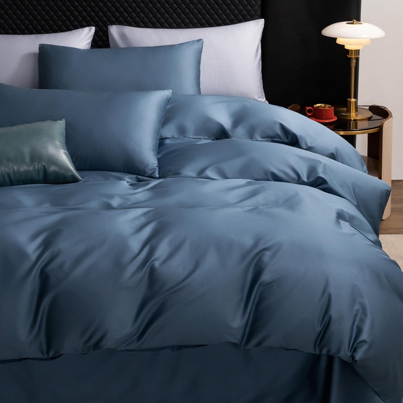 MooMee Queen Duvet Cover Set, 100% Extra Long Staple Cotton 600 Thread Count Sateen Silky Soft Breathable Durable Luxury Hotel Quality Bedding Set, 3 Pieces (Dark Blue, 90"x90") - Image 3