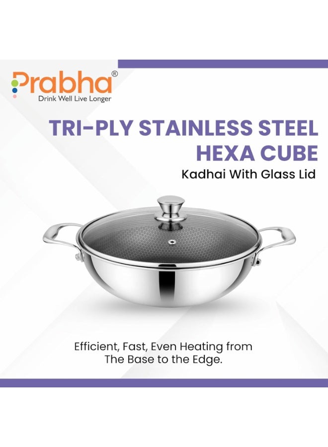 Prabha Hexa Triply Kadai with Glass Lid 4.3 litres 28cm | Cookware Kadai Set with Matt | Induction Base Kadhai for Cooking/Deep Frying | Non-Stick Kadhai Steel | 2 Year Warranty | BIS Certified - Image 2