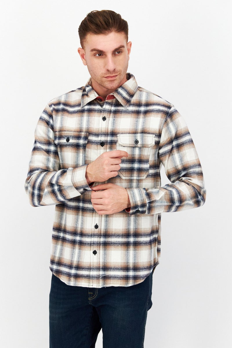 Rainforest Men Regular Fit Plaid Flannel Casual Shirt, White - Image 1