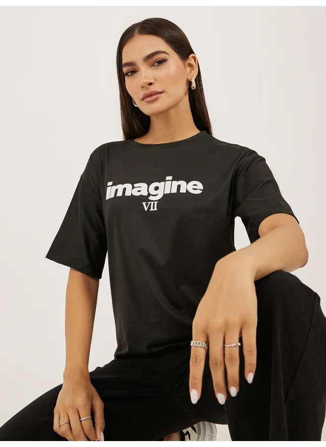 Styli Styli Slogan Print Round Neck Short Sleeve T-Shirt