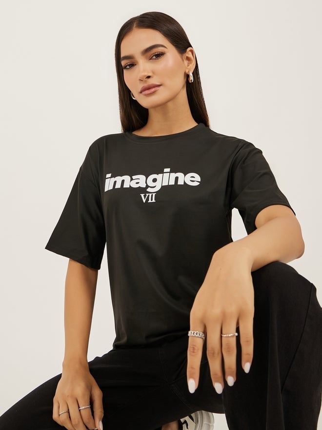 Styli Slogan Print Round Neck Short Sleeve T-Shirt - Image 1