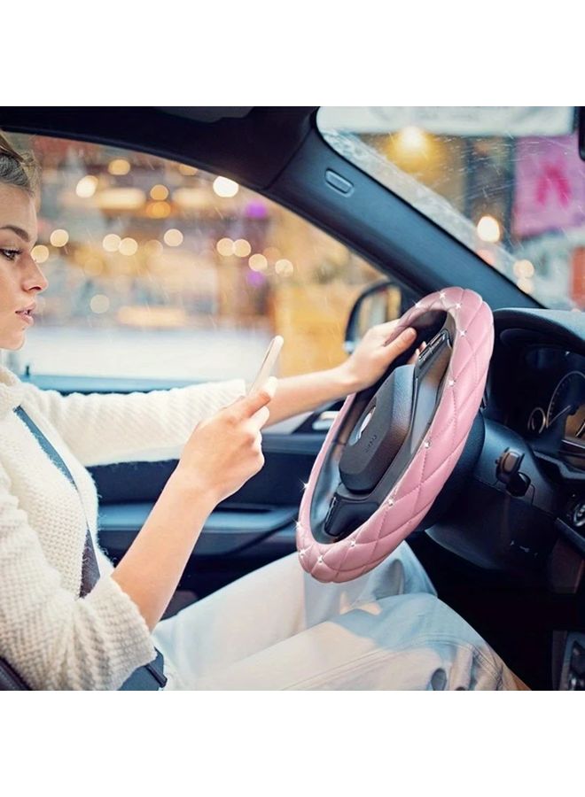 Pink Faux Leather Steering Wheel Cover 15 Inch Rhinestone Bling Anti Slip Breathable Protector Car Accessories For Women - Image 3