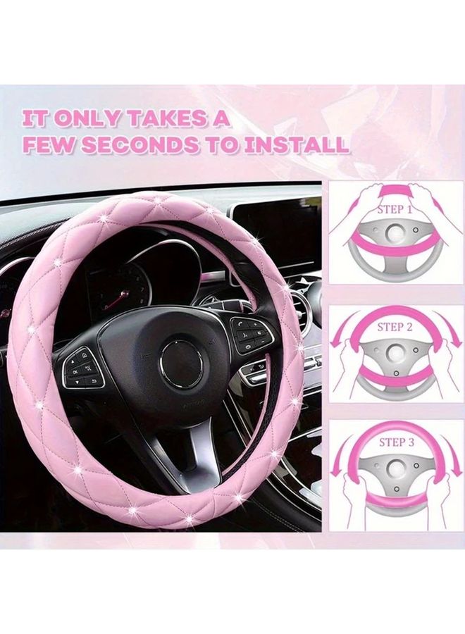 Pink Faux Leather Steering Wheel Cover 15 Inch Rhinestone Bling Anti Slip Breathable Protector Car Accessories For Women - Image 2