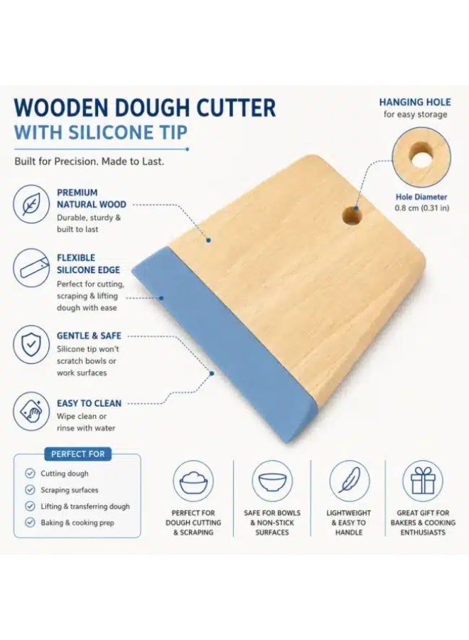 Wooden Dough Cutter with Food-Grade Silicone Edge, Wooden Dough Scraper for Bread, Pizza & Pastry Dough, Non-Scratch Bench Scraper, 12 × 11 cm Blue - Image 3