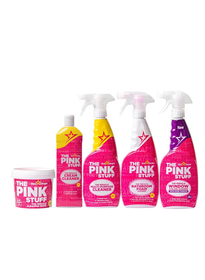 Stardrops - The Pink Stuff - The Miracle Cleaning Paste, Multi-Purpose Spray, Bathroom Foam Spray, Window & Glass Cleaner, and Cream Cleaner Bundle