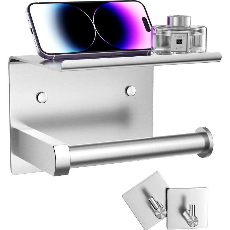 Tindbea Toilet Paper Holder with Phone Shelf  Towel Robe Hooks Adhesive or Screw Wall Mounted Toilet Paper Roll Storage Stainless Steel Bathroom Tissue Roll Holder Brushed Nickel