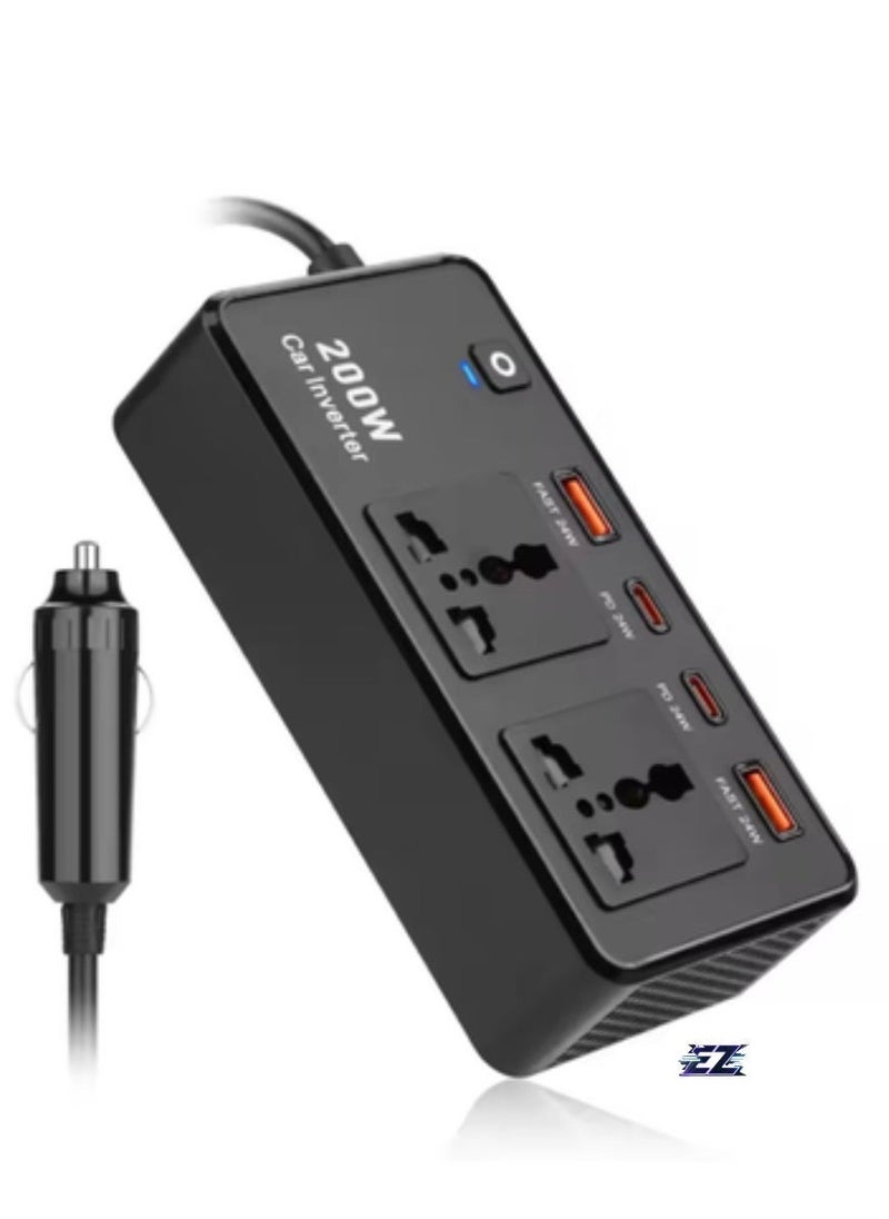 ELTRAZONE Power Inverter Car Adapter 200W – 12V to 220V Voltage Converter for Electric Devices – Includes USB & Type-C Ports, Universal Charging for Laptops, Smartphones & More – Compact & Portable - Image 2