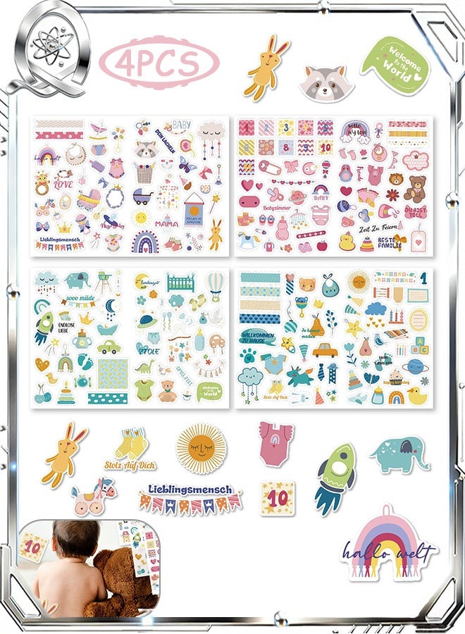 Quantum 4 PCS Baby Scrapbook Stickers, Adorable Newborn Toddler Stickers, Various Patterns Baby Book Pages Decals for Newborn Planning - Image 1
