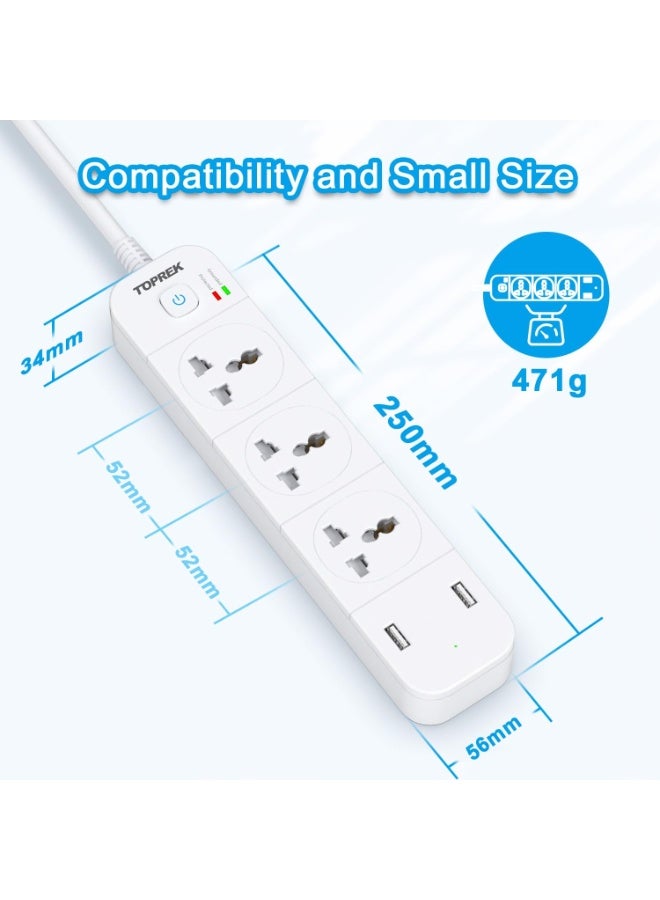 TOPREK Power Strip with USB Slots, 3 Way Extension Lead Outlets with 3 Smart Electrical Sockets & 2 USB Ports & Surge Protector, 2M Extension Cord & 1 Switch, 3250W/13A, Extension Cord for Home Office - Image 3