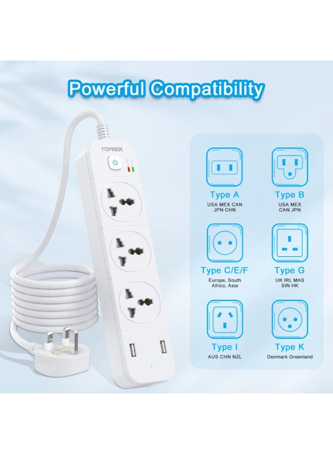 TOPREK Power Strip with USB Slots, 3 Way Extension Lead Outlets with 3 Smart Electrical Sockets & 2 USB Ports & Surge Protector, 2M Extension Cord & 1 Switch, 3250W/13A, Extension Cord for Home Office - Image 5