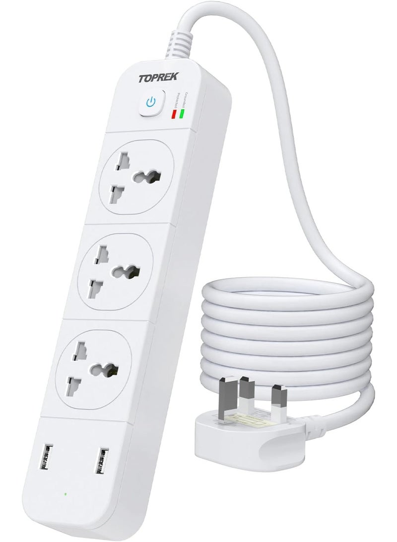 TOPREK Power Strip with USB Slots, 3 Way Extension Lead Outlets with 3 Smart Electrical Sockets & 2 USB Ports & Surge Protector, 2M Extension Cord & 1 Switch, 3250W/13A, Extension Cord for Home Office - Image 1