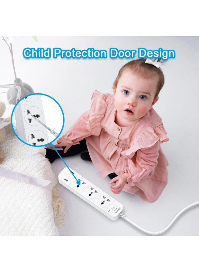TOPREK Power Strip with USB Slots, 3 Way Extension Lead Outlets with 3 Smart Electrical Sockets & 2 USB Ports & Surge Protector, 2M Extension Cord & 1 Switch, 3250W/13A, Extension Cord for Home Office - Image 4