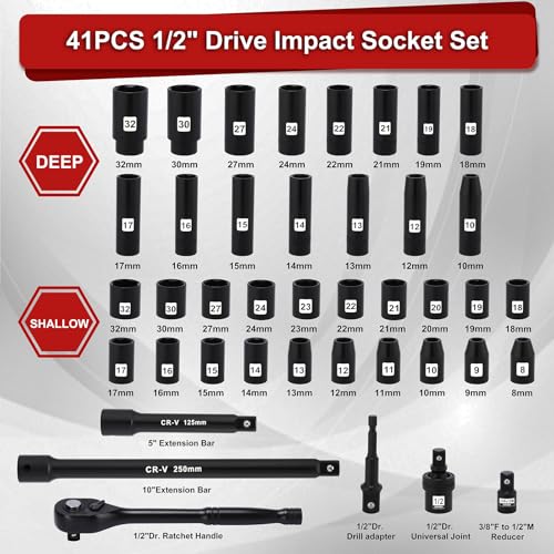 Mayouko 41PCS 1/2" Drive Impact Socket Wrench Set, Deep & Shallow Metric Socket Set 8-32mm, 72 Tooth Ratchet Handle, CR-V, Includes Extension Bars, Universal Joint, Adapters, 6 Point Design - Image 2