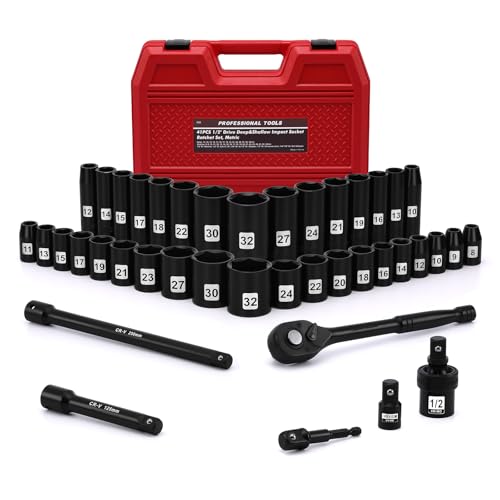 Mayouko 41PCS 1/2" Drive Impact Socket Wrench Set, Deep & Shallow Metric Socket Set 8-32mm, 72 Tooth Ratchet Handle, CR-V, Includes Extension Bars, Universal Joint, Adapters, 6 Point Design - Image 1