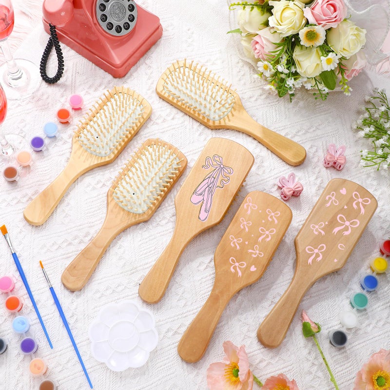Meanplan 6 Set DIY Wooden Hairbrush Painting Kits Make Your Own Hair Brush Girls Hand-Painted Hairbrush Night Party Supplies with Paint Brush and Palette for DIY Gift Party Crafts - Image 2