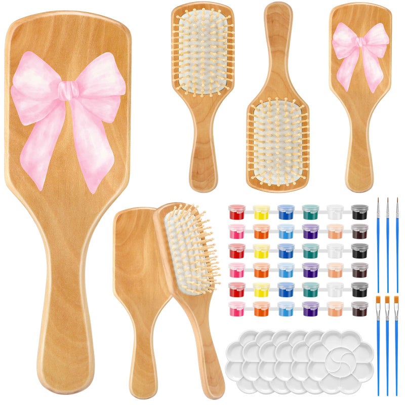 Meanplan 6 Set DIY Wooden Hairbrush Painting Kits Make Your Own Hair Brush Girls Hand-Painted Hairbrush Night Party Supplies with Paint Brush and Palette for DIY Gift Party Crafts - Image 1