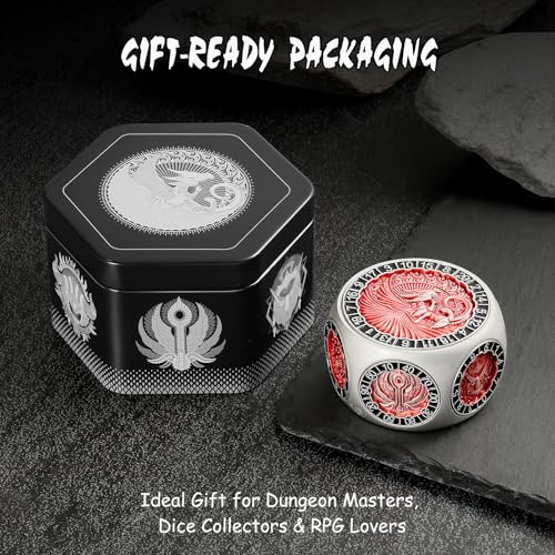 DNDND Dual D20 8in1 Spinner Metal Dice Hexagonal Spinning DD Monster Themed Dice Set for TTRPG Dungeons and Dragons Dungeon Masters with Collectible Gift Tin Silver with Red - Image 5
