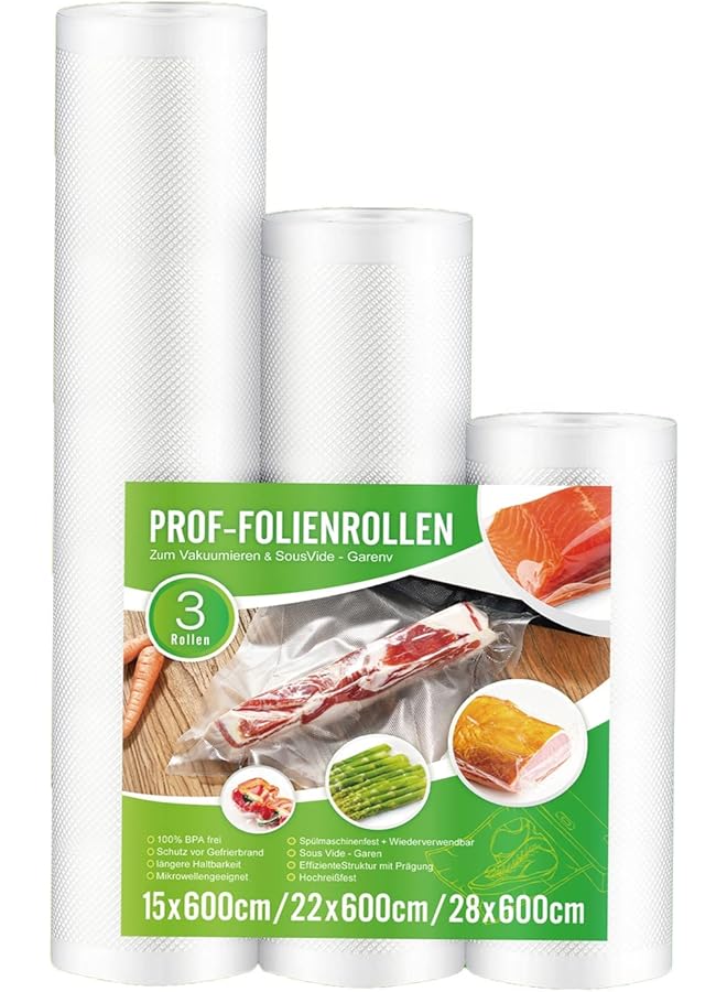 DMG TECH 3 Pcs Vacuum Sealer Bags, Reusable Storage Rolls Bpa Free, Heavy Duty Embossed Customized Size For Food Storage Sous Vide Cooking (15X500Cm +22X500Cm +28X500Cm) - Image 1