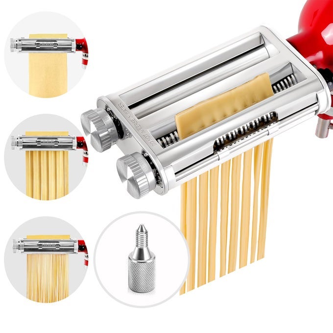 PASTA MAKER ATTACHMENT FOR KITCHENAID STAND MIXERS 3IN1 STAINLESS STEEL PASTA ROLLER CUTTER SET WITH SPAGHETTI AND FETTUCCINE BLADES INCLUDES 1 METAL KNOB SCREW REPLACEMENT