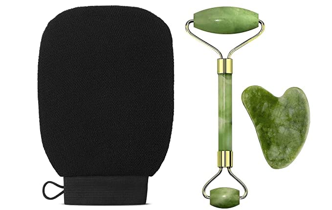 MIRARIYA FREE100 Natural Stone Jade Roller Gau Sha Stone WithExfoliating Gloves for Body Cleansing and Scrubbing Bath Gloves Tan Removalmade of Natural Fibre Gentle on the Skin Sustainable - Image 1