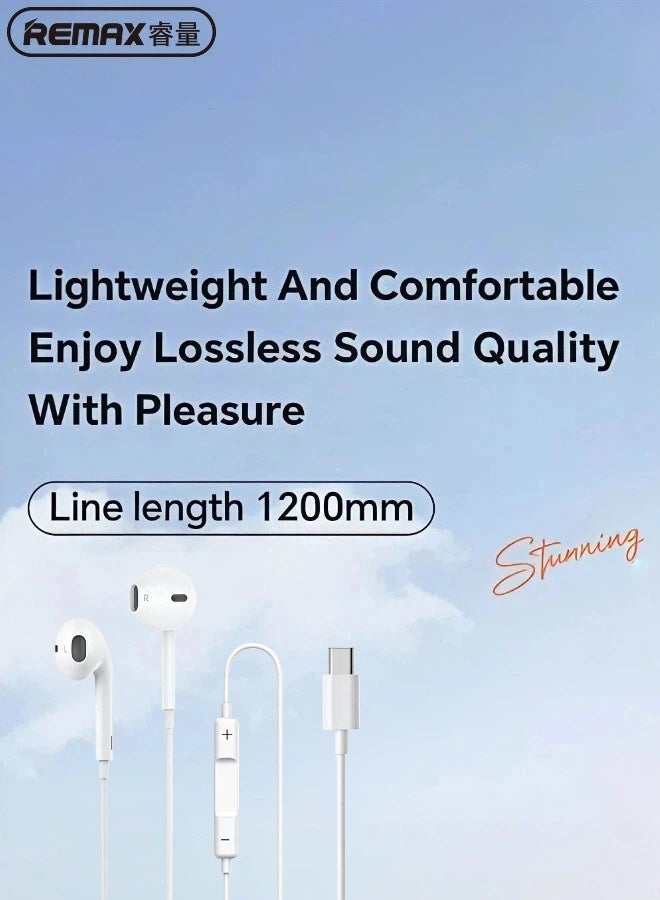 REMAX RM-702a Wired Earphones, USB-C Connector Type-C, In-Ear Design, Built-In HD Stereo Microphone, Volume Control, Suitable For Music, Calls, Gaming, White, Compatible With iPhone 17/16/15/Pro/ProMax/Air/Plus and Other USB-C Devices - Image 2
