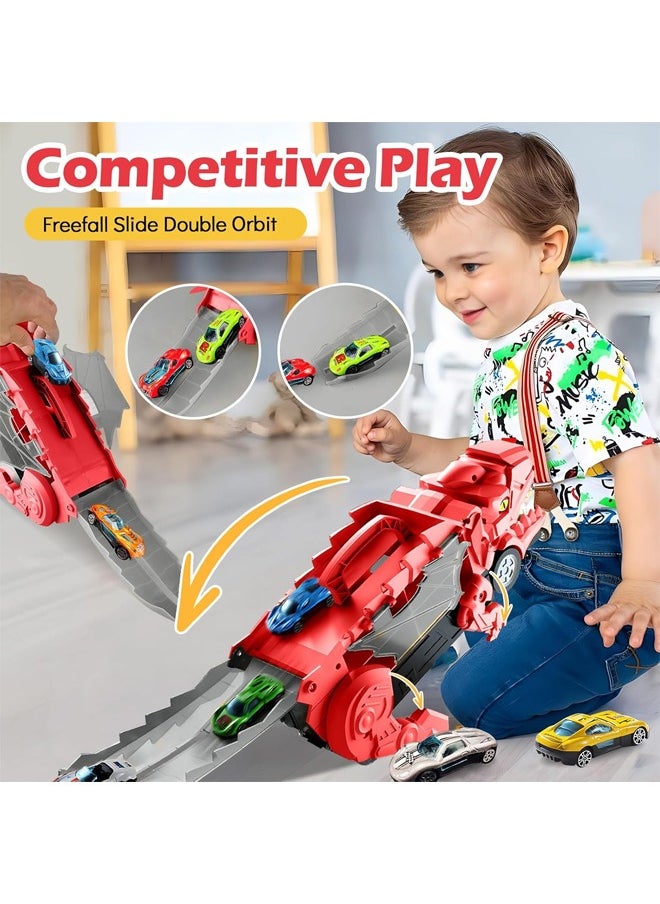Quivlox - Dinosaur Truck Toys for Kids 3-5, T-Rex Dinosaur Transporter Car Carrier with Foldable Sliding, City Dinosaur Ultimate Hauler Track Toy Transforms into Dino, Toys Gifts  for Age 3 4 5 6 7 Year & Up Old Boy Girls Best Gift(8 Cars) - Image 1