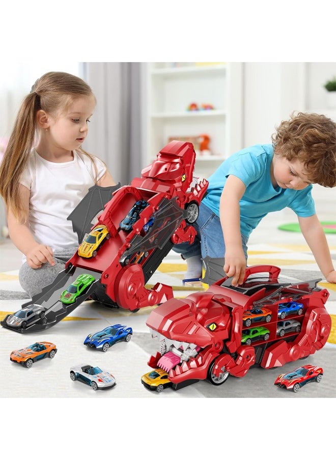 Quivlox - Dinosaur Truck Toys for Kids 3-5, T-Rex Dinosaur Transporter Car Carrier with Foldable Sliding, City Dinosaur Ultimate Hauler Track Toy Transforms into Dino, Toys Gifts  for Age 3 4 5 6 7 Year & Up Old Boy Girls Best Gift(8 Cars) - Image 1