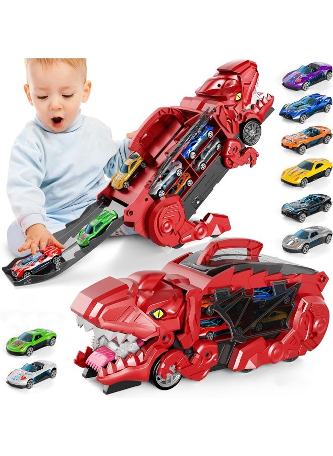 Quivlox - Dinosaur Truck Toys for Kids 3-5, T-Rex Dinosaur Transporter Car Carrier with Foldable Sliding, City Dinosaur Ultimate Hauler Track Toy Transforms into Dino, Toys Gifts  for Age 3 4 5 6 7 Year & Up Old Boy Girls Best Gift(8 Cars) - Image 1