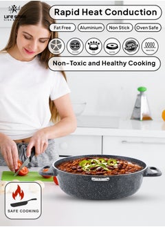 Life Smile LIFE SMILE Shallow Pots Set with Lid | 100% PFOA FREE | Non Stick Granite Coating Frying Pans set | Oven Safe | Double Handle (Black (Induction Base), 24/28/32 CM)  - Image 3